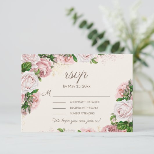 Blush Pink Floral Wedding RSVP Calligrafy Script (Stehend Vorderseite)