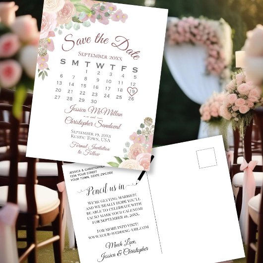 Blush Pink Floral Wedding Save the Date Calendar Ankündigungspostkarte
