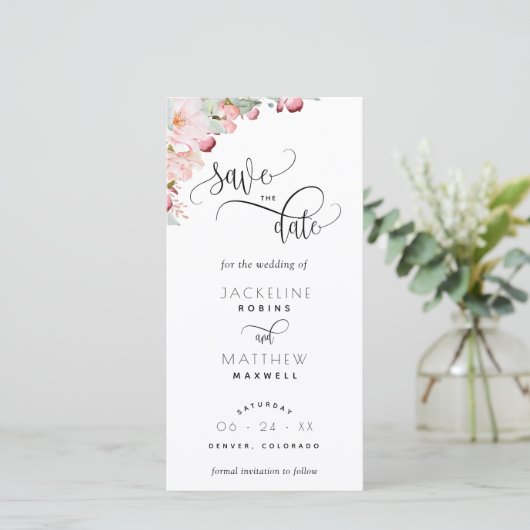 Blush Pink Floral Wedding Save the Date Lesezeiche (Stehend Vorderseite)