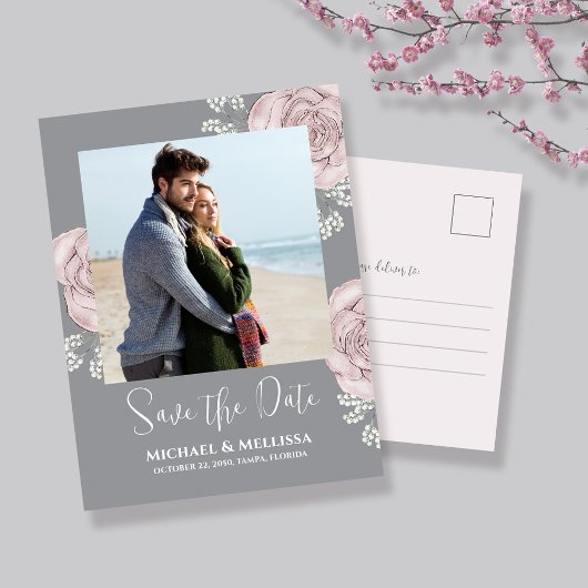 Blush Pink Floral Wedding Save the Date Photo Ankündigungspostkarte