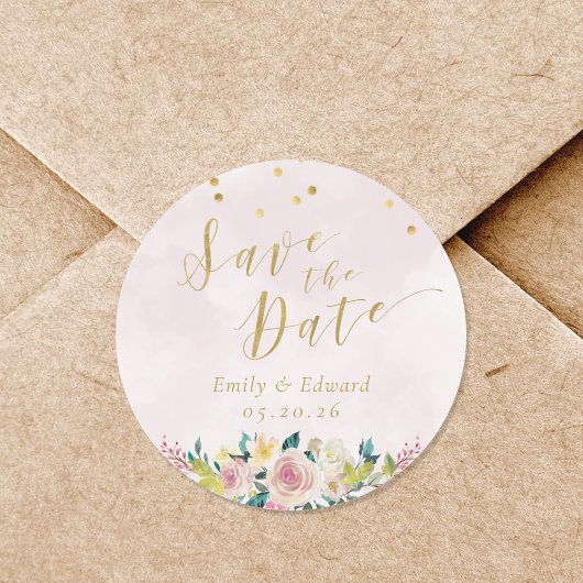 Blush Pink Floral Wedding Save the Date Runder Aufkleber