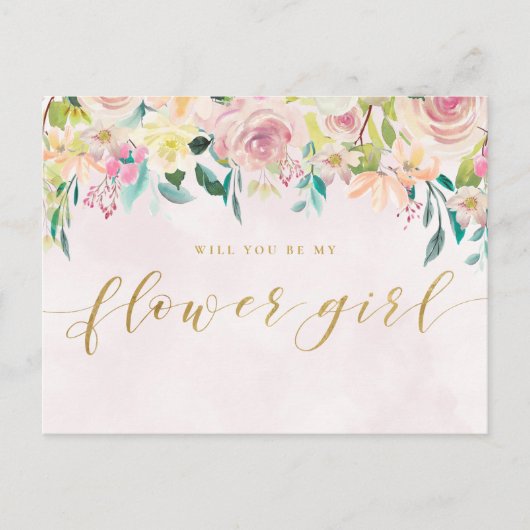 Blush Pink Floral wirst du mein Blumenmädchen sein Einladungspostkarte (Vorderseite)