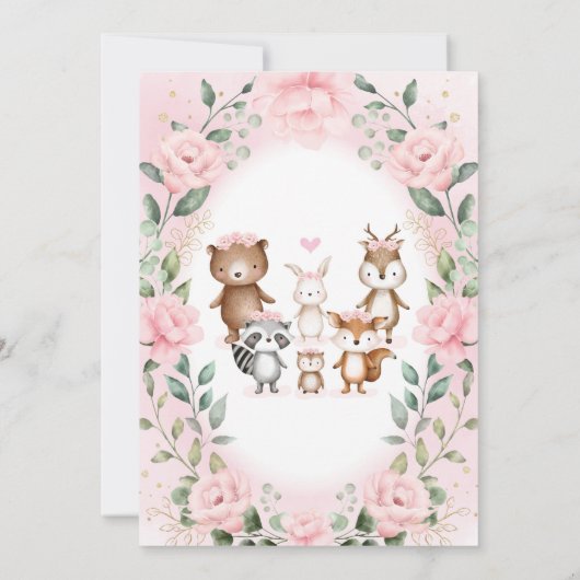 Blush Pink Floral Woodland Animals Kinderdusche Einladung (Rückseite)