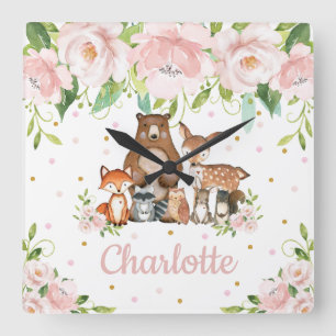 Blush Pink Floral Woodland Animes Girl Kinderzimme Quadratische Wanduhr