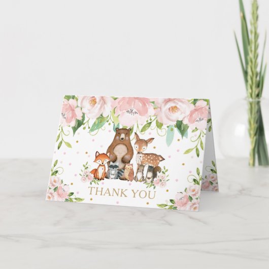 Blush Pink Floral Woodland Tiere Kinderdusche Dankeskarte (Vorderseite)