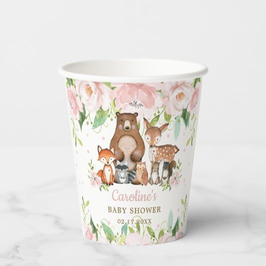 Blush Pink Floral Woodland Tiere Kinderdusche Pappbecher (Rückseite)