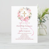 Blush pink florals bow cross First Communion Einladung (Stehend Vorderseite)