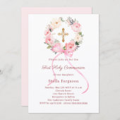Blush pink florals bow cross First Communion Einladung (Vorne/Hinten)