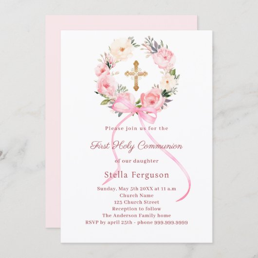 Blush pink florals bow cross First Communion Einladung (Vorne/Hinten)