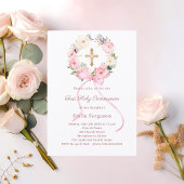 Blush pink florals bow cross First Communion Einladung