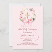 Blush pink florals bow cross First Communion Einladung (Vorderseite)