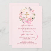 Blush pink florals bow cross First Communion Einladung (Vorne/Hinten)