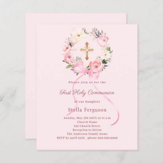 Blush pink florals bow First Communion invitation (Vorne/Hinten)