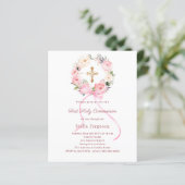 Blush pink florals bow First Communion invitation (Stehend Vorderseite)