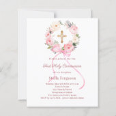 Blush pink florals bow First Communion invitation (Vorderseite)