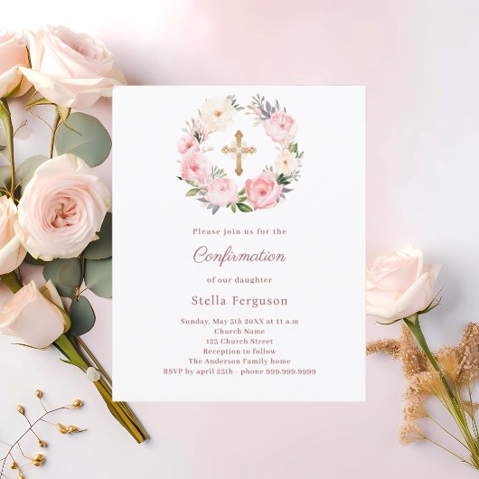 Blush pink florals cross Confirmation invitation