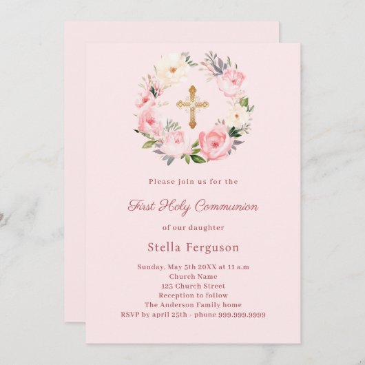 Blush pink florals cross First Communion Einladung (Vorne/Hinten)