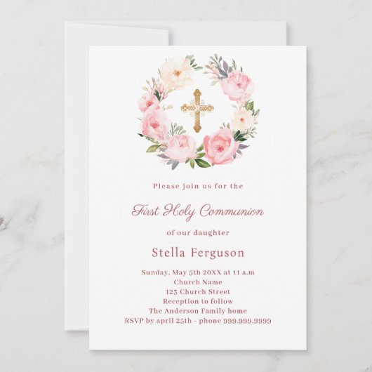 Blush pink florals cross First Communion Einladung (Vorderseite)
