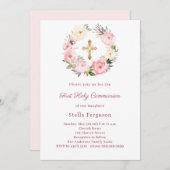 Blush pink florals cross First Communion Einladung (Vorne/Hinten)