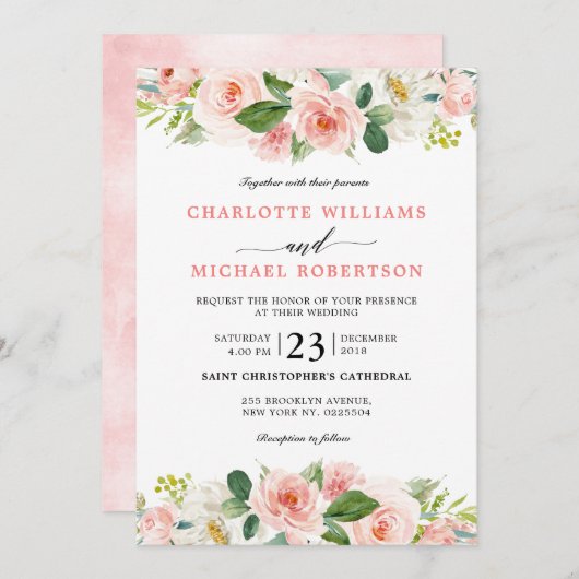 Blush Pink Florals Moderne botanische Hochzeit Einladung (Vorne/Hinten)