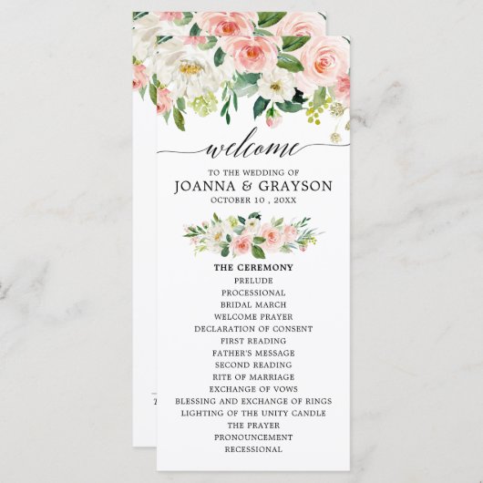 Blush Pink Florals Moderne botanische Hochzeit Programm (Vorne/Hinten)