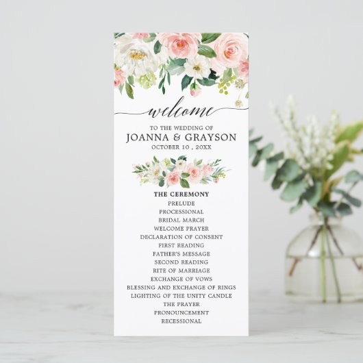Blush Pink Florals Moderne botanische Hochzeit Programm (Stehend Vorderseite)