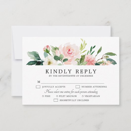 Blush Pink Florals Moderne botanische Hochzeit RSVP Karte (Vorderseite)
