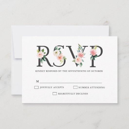 Blush Pink Florals Moderne botanische Hochzeit RSVP Karte (Vorderseite)