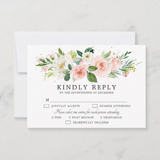 Blush Pink Florals Moderne botanische Hochzeit RSVP Karte (Vorderseite)