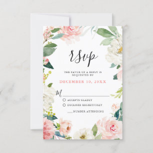 Blush Pink Florals Moderne botanische Hochzeit RSVP Karte