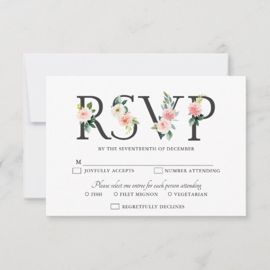 Blush Pink Florals Moderne botanische Hochzeit RSVP Karte (Vorderseite)