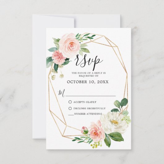 Blush Pink Florals Moderner geometrischer Goldrahm RSVP Karte (Vorderseite)