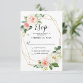 Blush Pink Florals Moderner geometrischer Goldrahm RSVP Karte (Stehend Vorderseite)