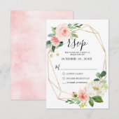 Blush Pink Florals Moderner geometrischer Goldrahm RSVP Karte (Vorne/Hinten)