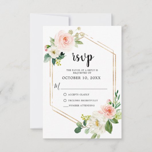 Blush Pink Florals Moderner geometrischer Goldrahm RSVP Karte (Vorderseite)