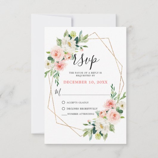 Blush Pink Florals Moderner geometrischer Goldrahm RSVP Karte (Vorderseite)