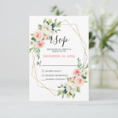 Blush Pink Florals Moderner geometrischer Goldrahm RSVP Karte (Stehend Vorderseite)