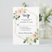 Blush Pink Florals Moderner geometrischer Goldrahm RSVP Karte (Stehend Vorderseite)