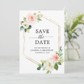 Blush Pink Florals Moderner geometrischer Goldrahm Save The Date (Stehend Vorderseite)