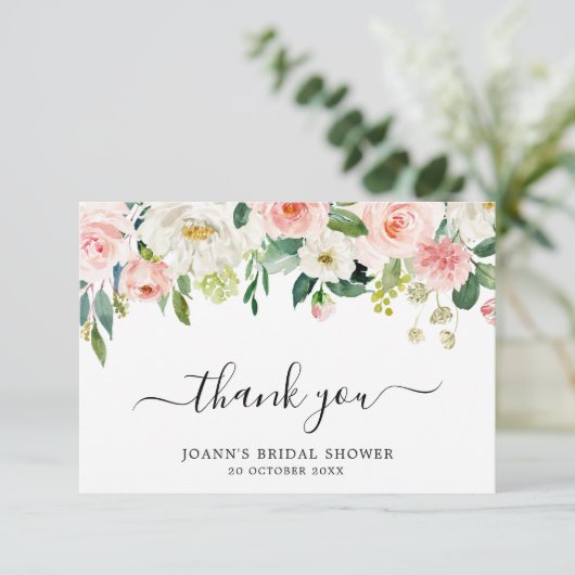 Blush Pink Florals Modernes botanisches Brautparty Dankeskarte (Stehend Vorderseite)