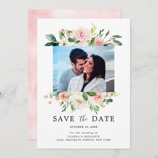 Blush Pink Florals Modernes botanisches Hochzeitsf Save The Date (Vorne/Hinten)