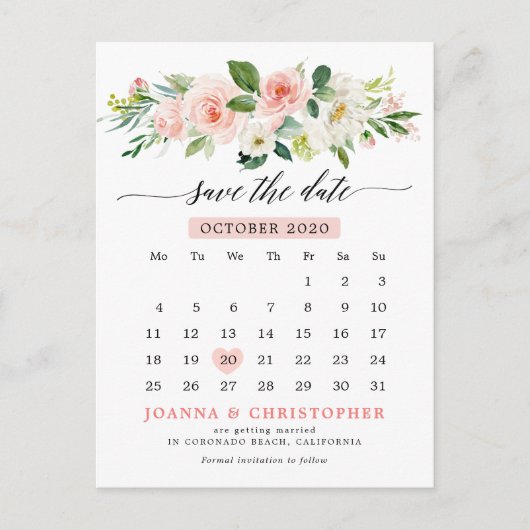 Blush Pink Florals Modernes Botanisches Save the D Ankündigungspostkarte (Vorderseite)