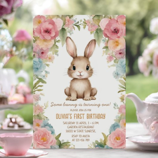 Blush Pink Flower Garden Bunny Rabbit Birthday Einladung
