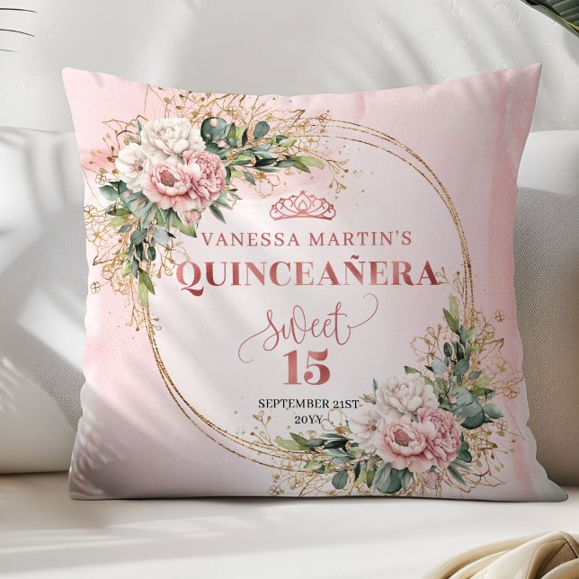 Blush Pink Flowers Eucalyptus Quinceañera Gift   Kissen (Blush Pink Flowers Eucalyptus Quinceañera Gift Pillow)
