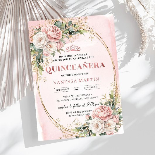 Blush Pink Flowers Eucalyptus Quinceañera Invite Einladung