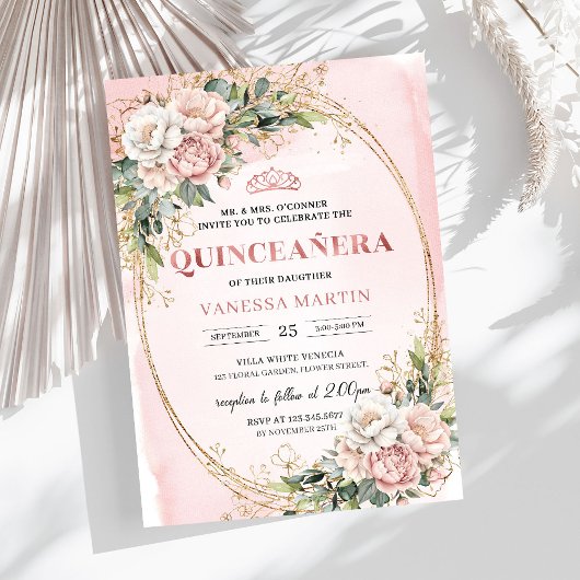 Blush Pink Flowers Greenery 15th Birthday Party Einladung