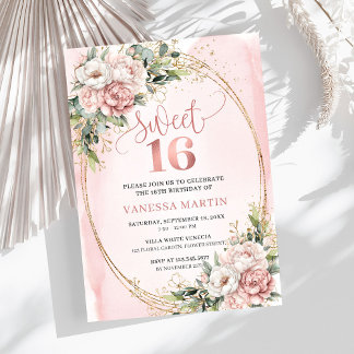Blush Pink Flowers Greenery 16th Birthday Party  Einladung