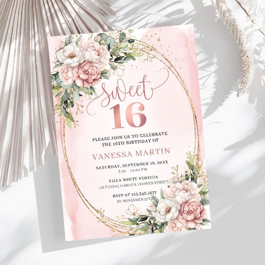 Blush Pink Flowers Greenery 16th Birthday Party Einladung