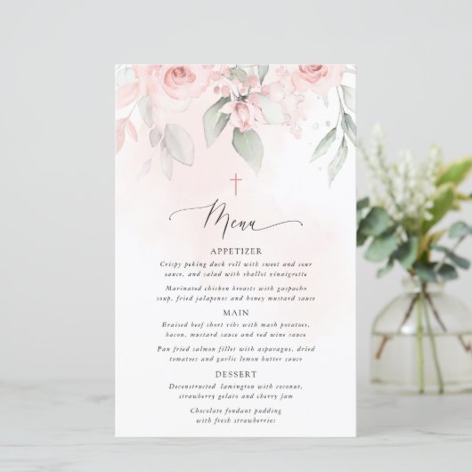 Blush Pink Flowers, Greenery, Boho, Baptism Menu (Stehend Vorderseite)