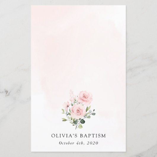 Blush Pink Flowers, Greenery, Boho, Baptism Menu (Rückseite)